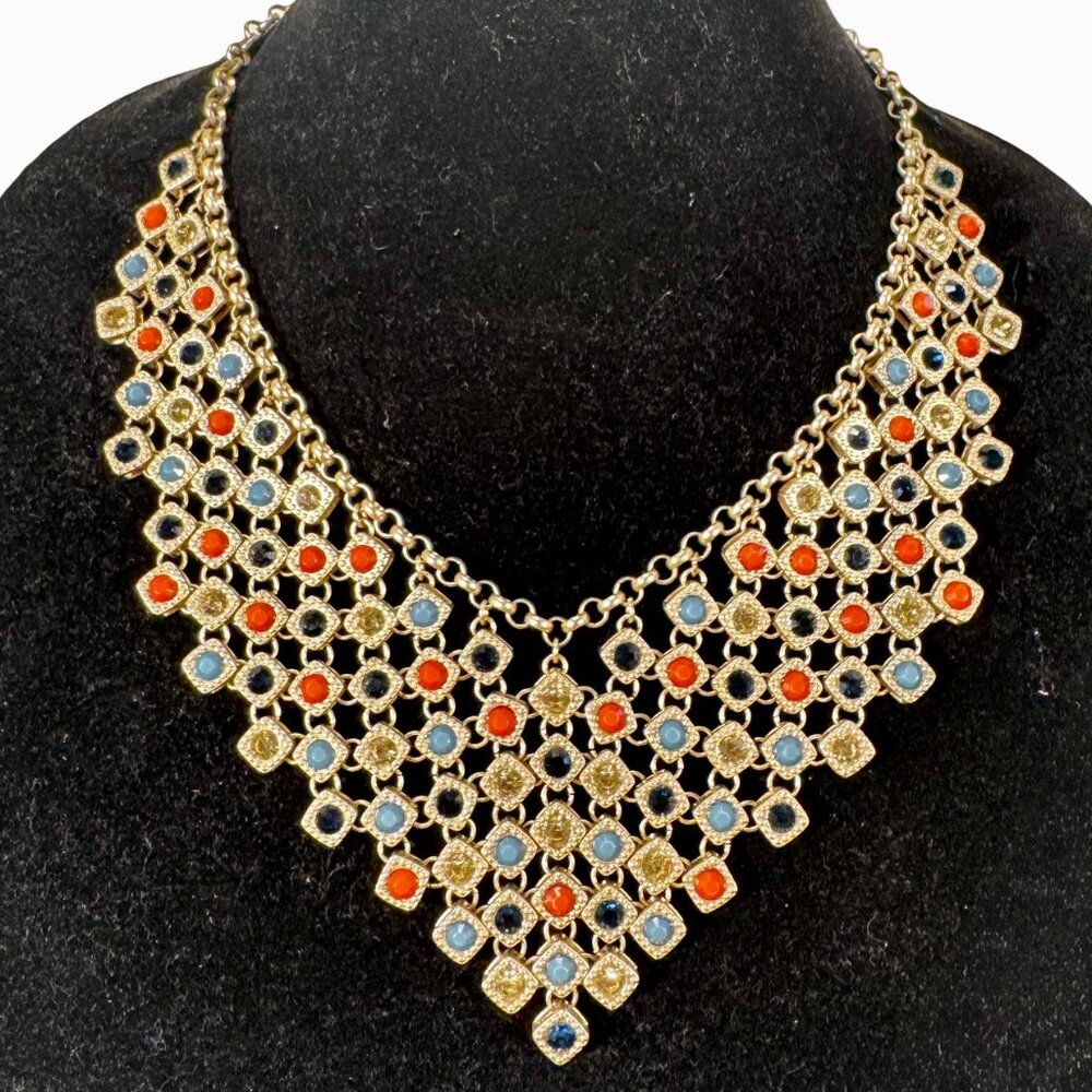 Chico’s Statement Bib Necklace | Multicolor Gemstone-Inspired | Gold Tone